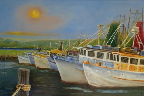 'Prawn Trawlers - Ballina Harbour', oil & acrylic on canvas, 61 x 92 cm - Commission